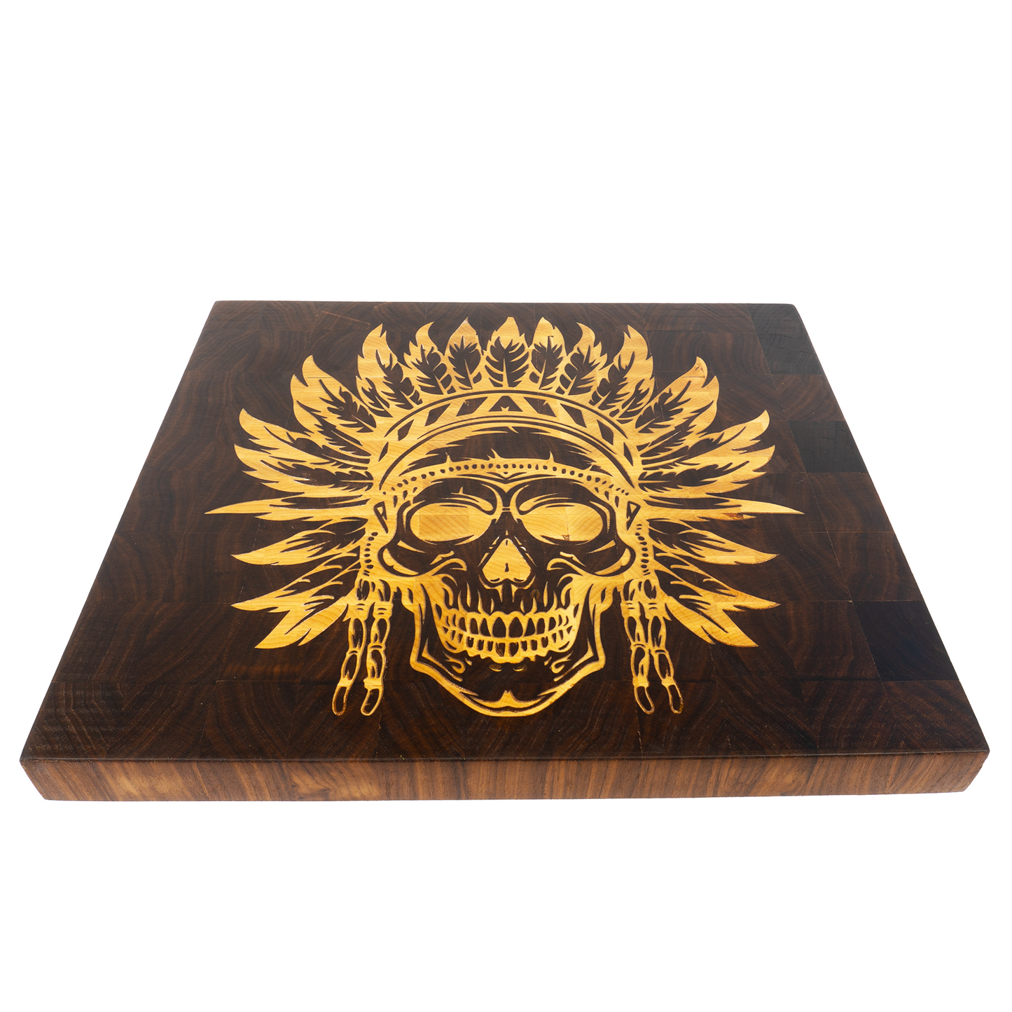 Walnut end grain cutting board maple Native American skull inlay angled view — Red Tail Boards