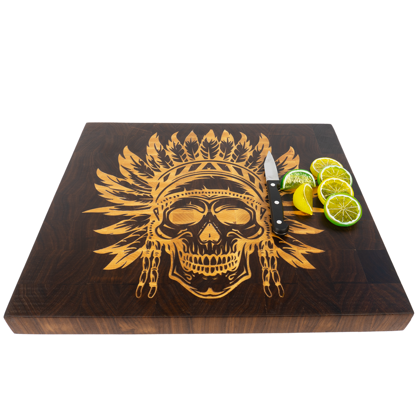 22x16 walnut end grain maple skull inlay board with citrus and knife angled — Red Tail Boards