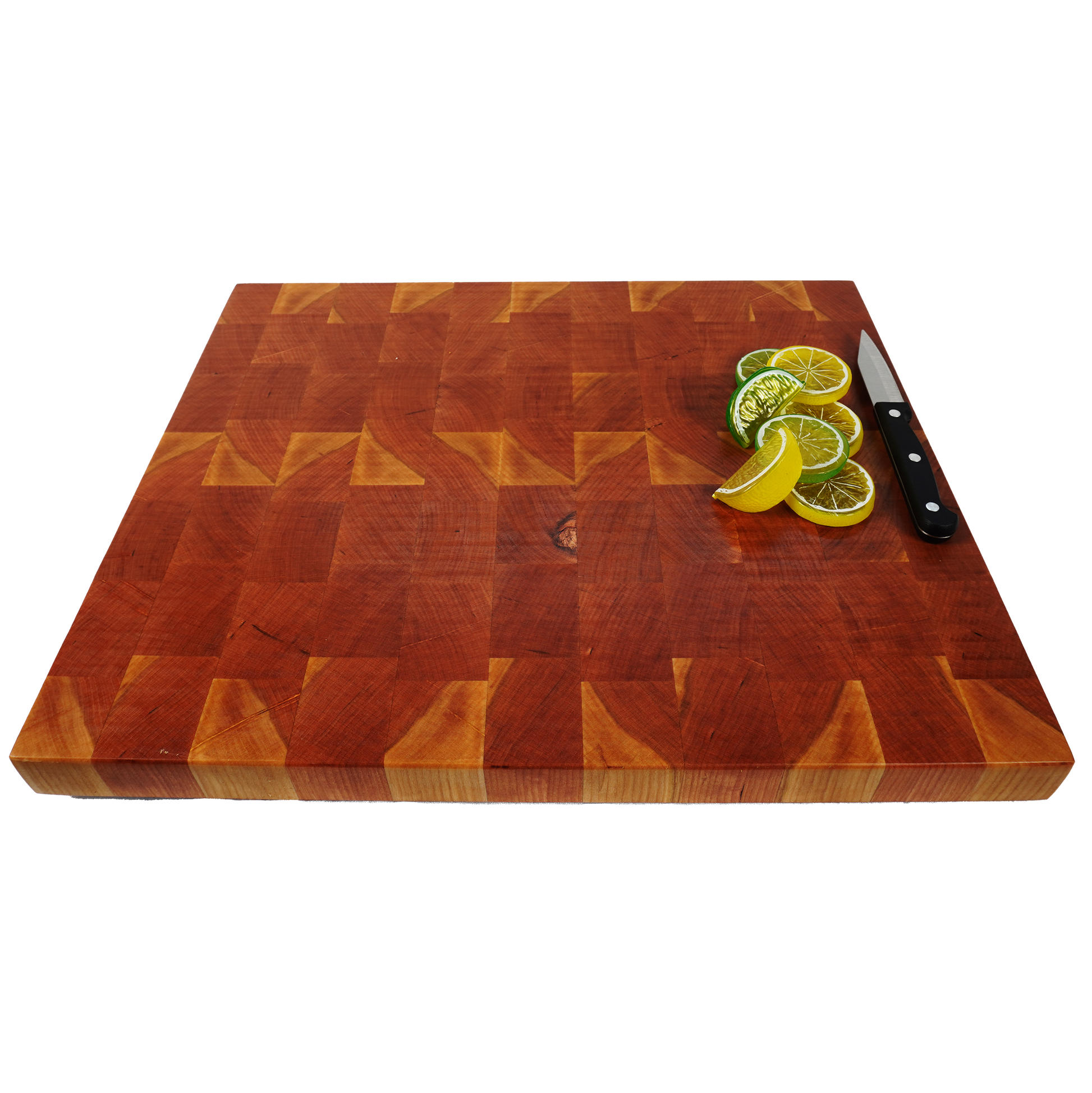 Cherry end grain cutting board with lemon, limes, and knife, 45 degree angle