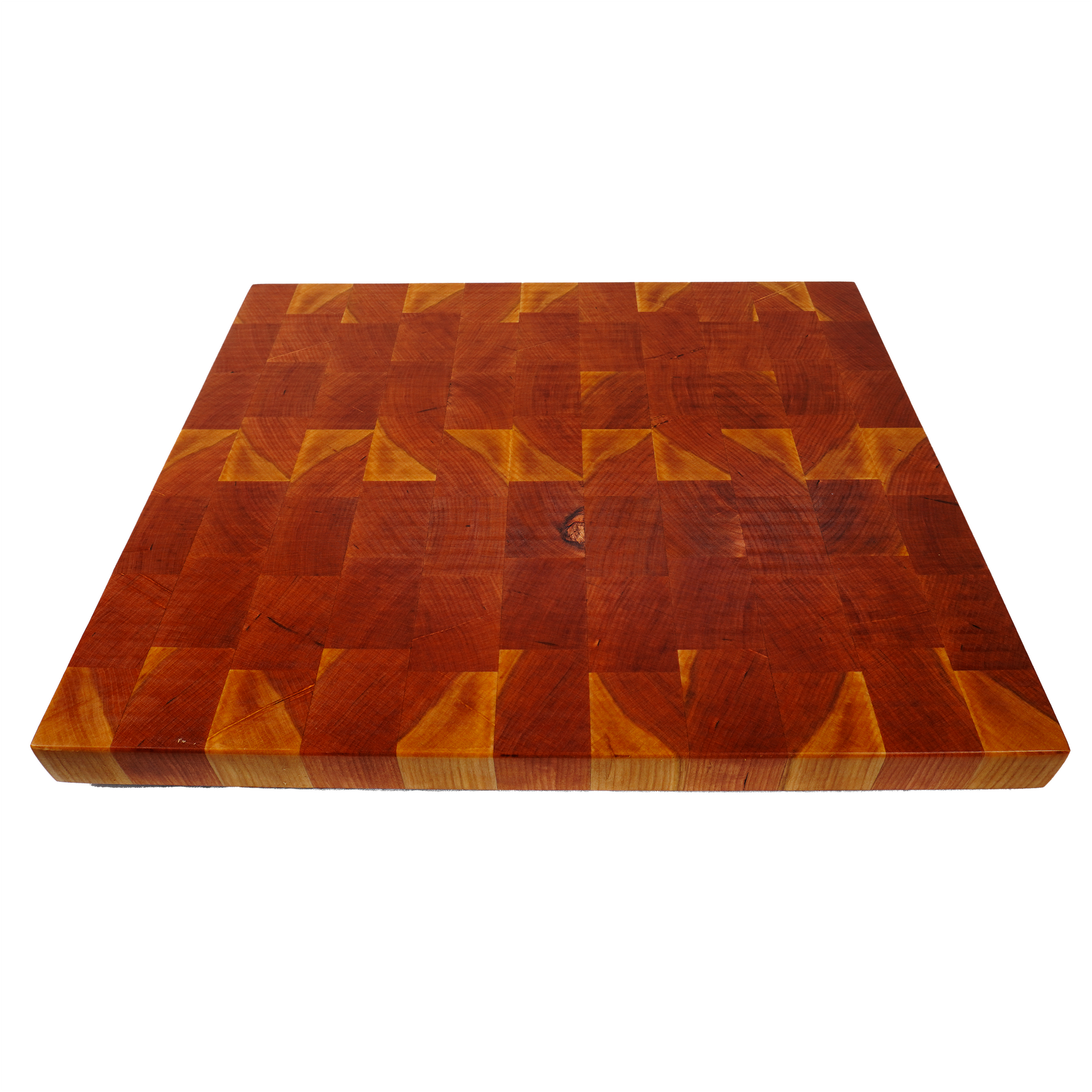 Sovereign cherry end grain cutting board angled view, handmade in Elk Grove CA