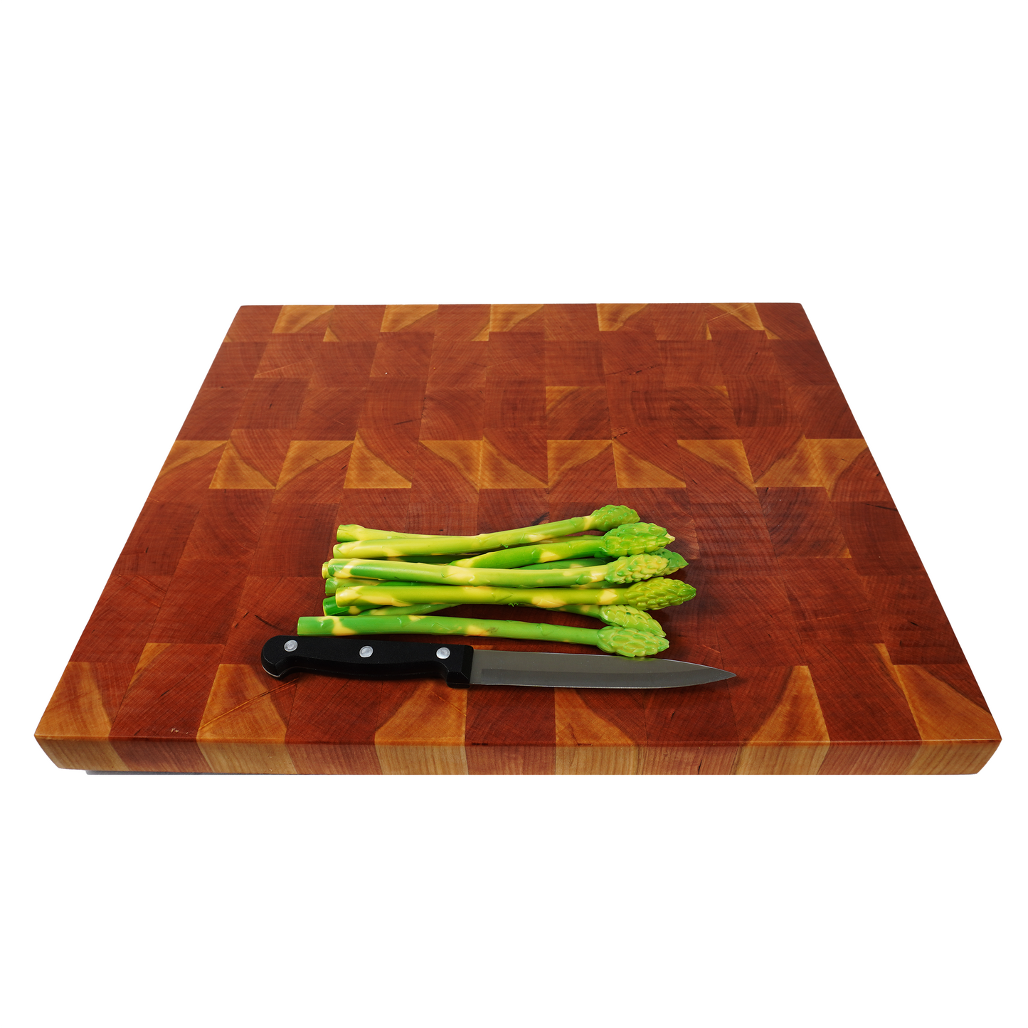 Cherry end grain cutting board with asparagus and knife, 45 degree angle