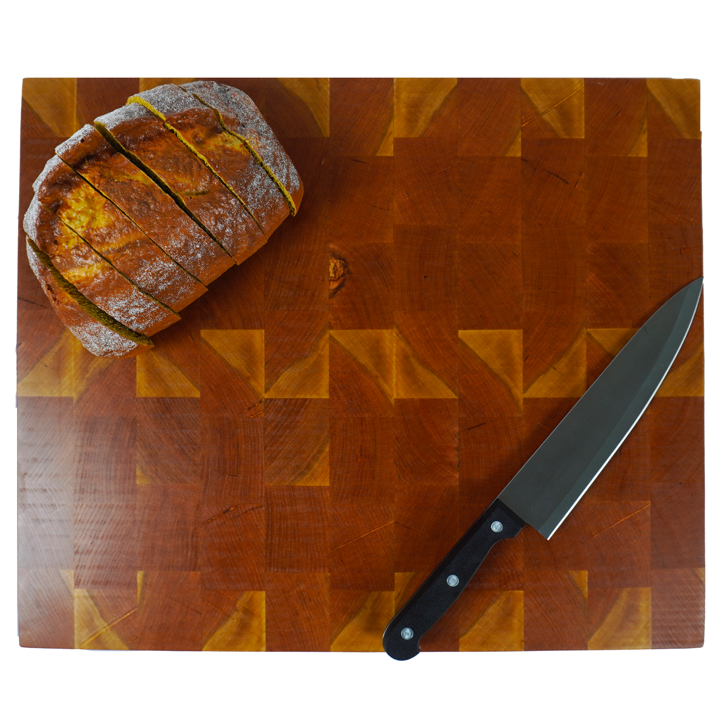 Cherry end grain cutting board with asparagus and knife, top down view
