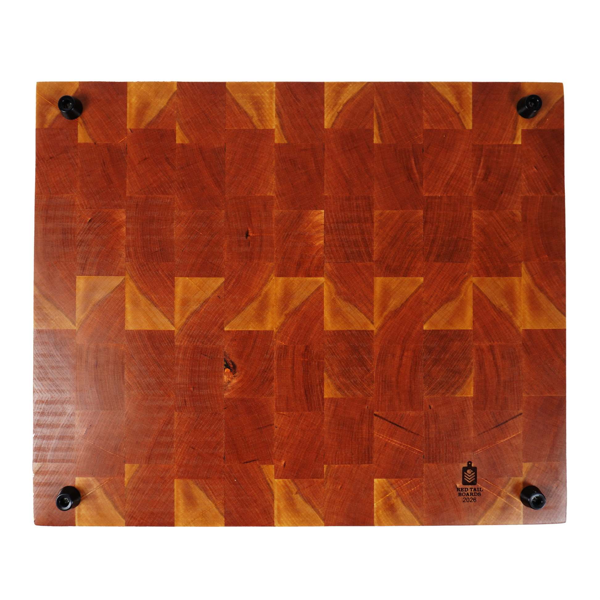 Sovereign cherry end grain cutting board underside view, handmade in Elk Grove CA