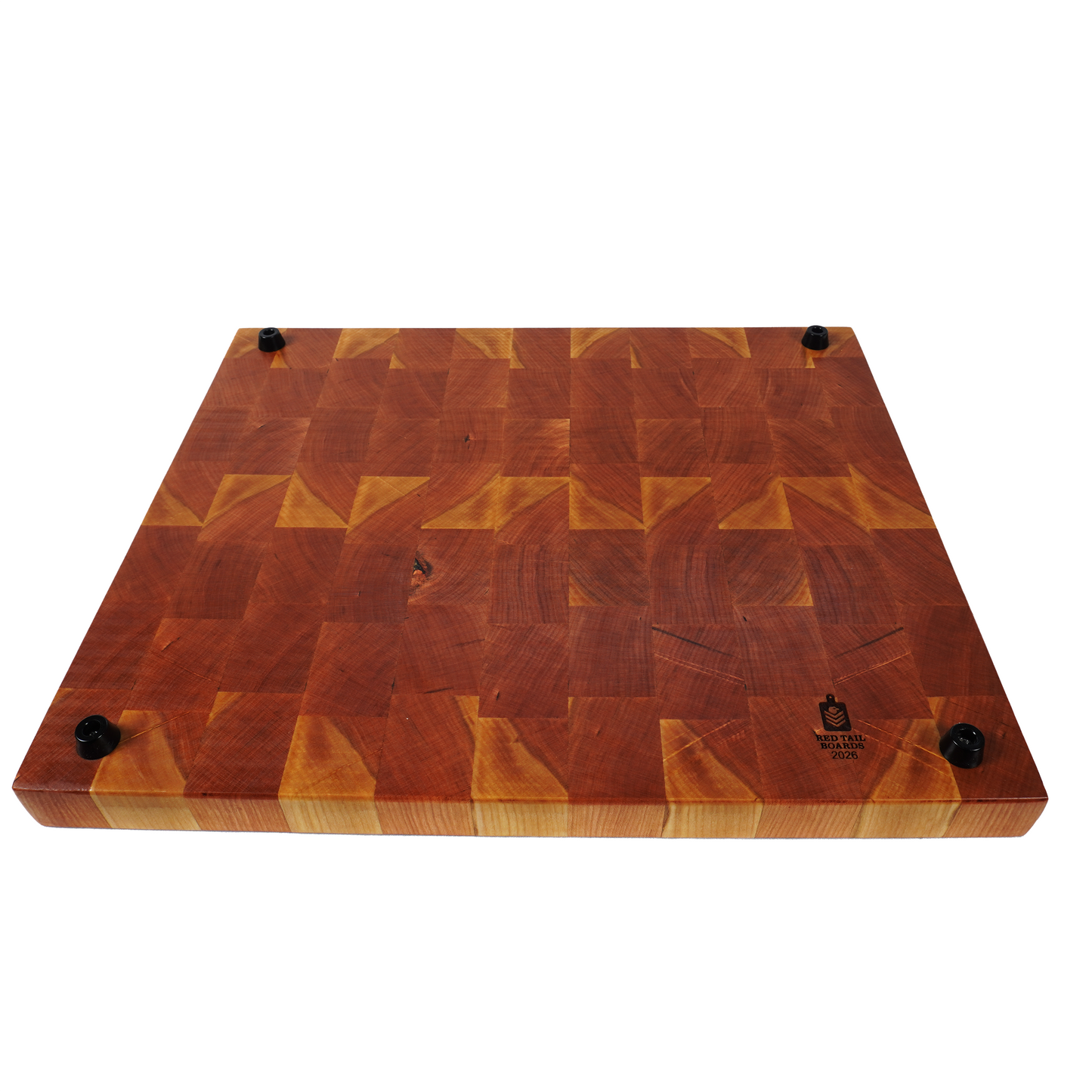 Sovereign cherry end grain cutting board underside view, handmade in Elk Grove CA