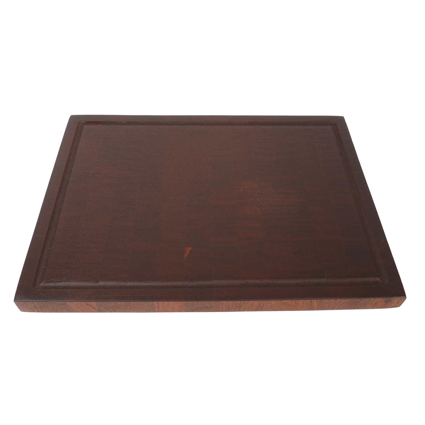 A 45-degree hero shot of the Sapele board highlighting the end grain thickness.