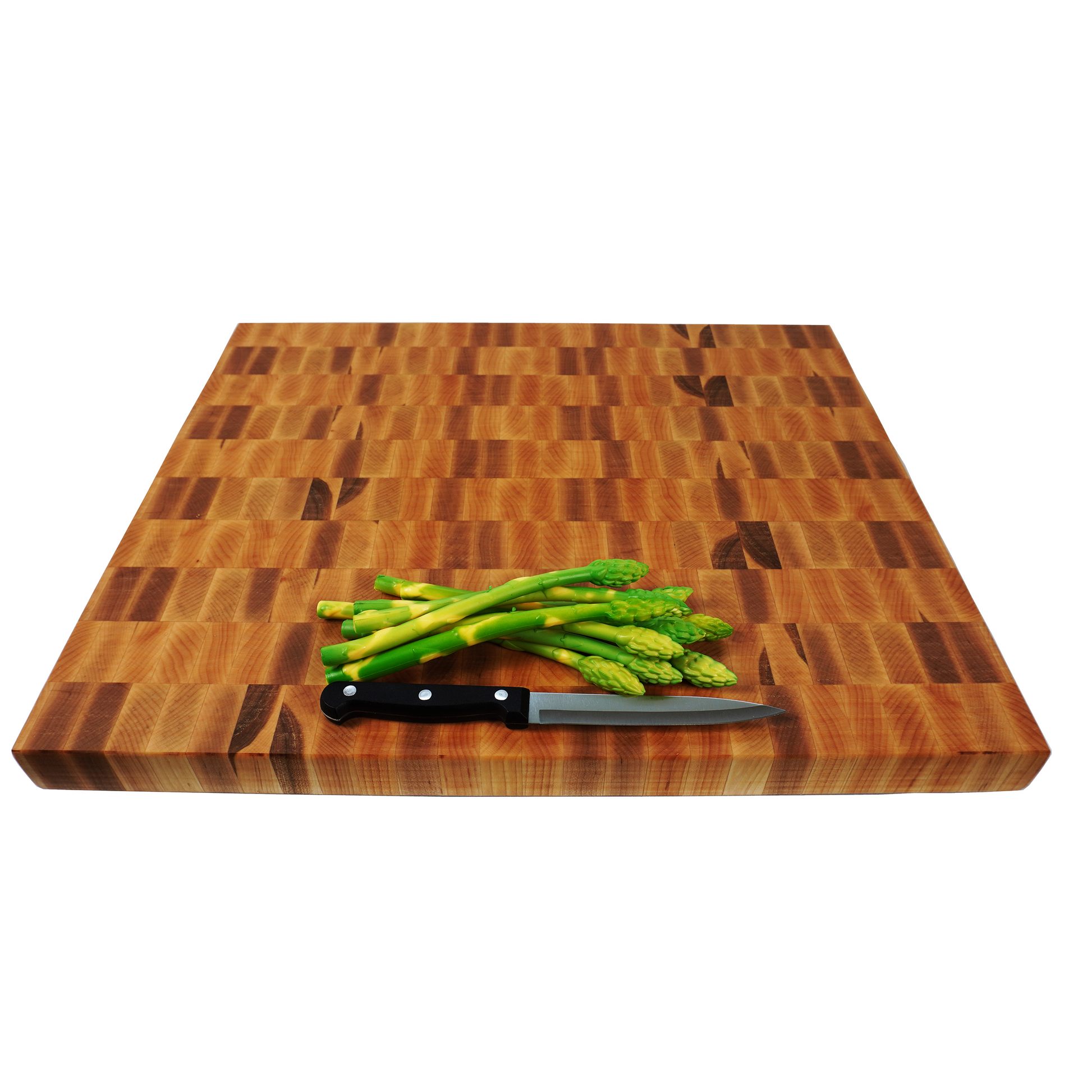 Maple end grain cutting board with asparagus and knife at 45 degree angle, 22x16x2 inch