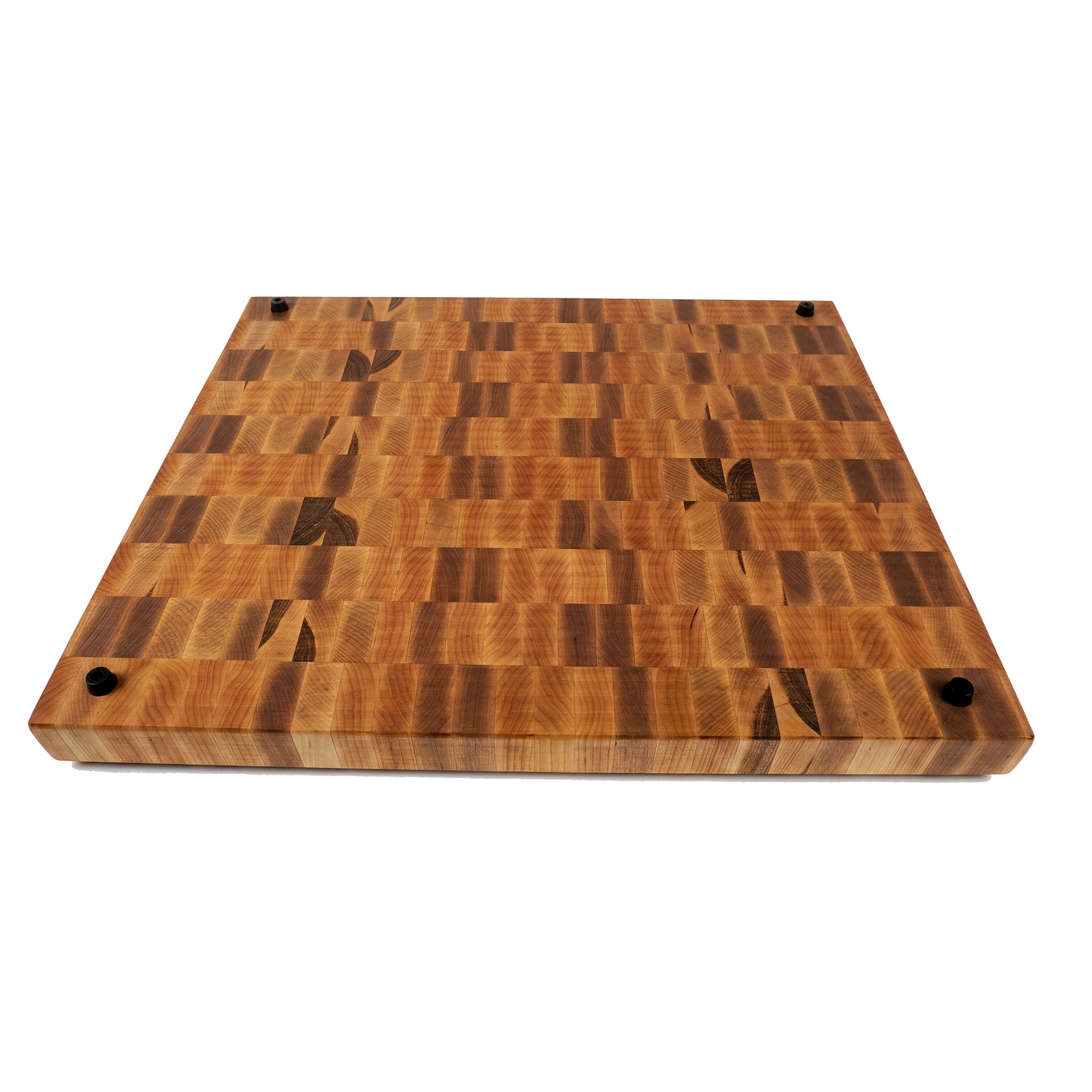 Back of handmade maple end grain cutting board at 45 degree angle showing rubber feet and build quality