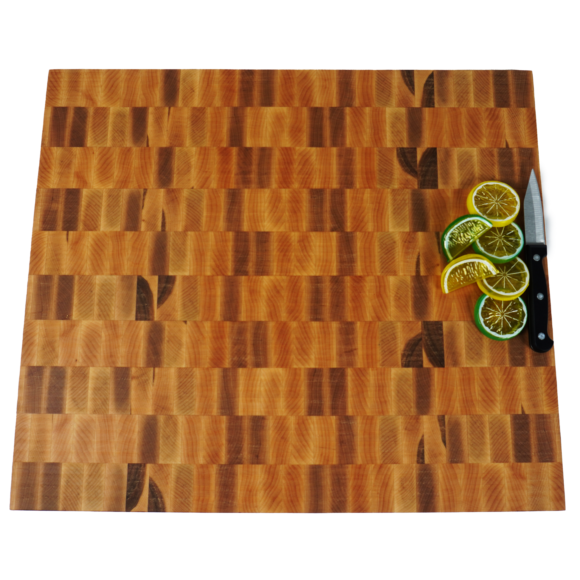 Maple end grain cutting board top down with lemons limes and knife, food safe finish