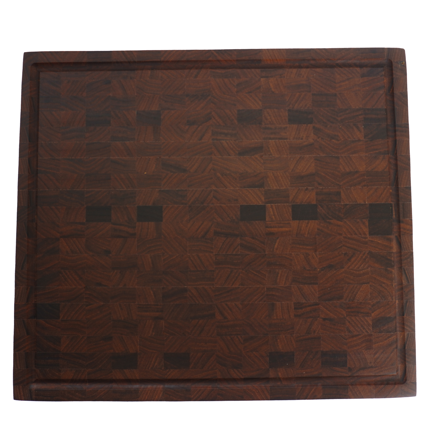 Overhead view of the Sovereign walnut cutting board showing the symmetric checkerboard end grain pattern.