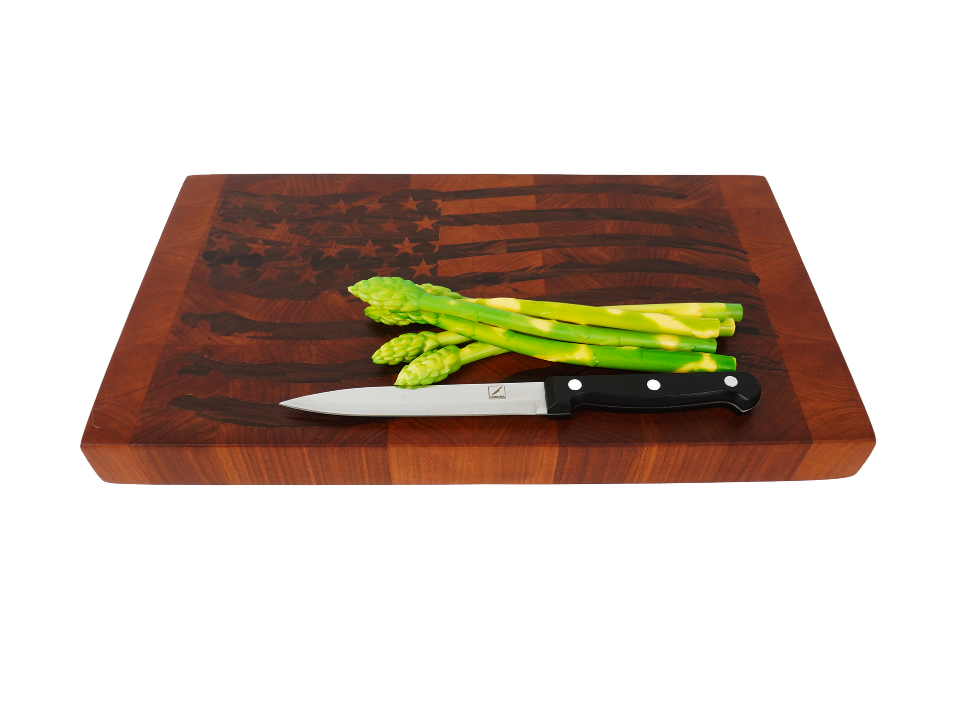 Tattered Glory Sovereign end grain cutting board 45 degree view with asparagus and knife, walnut tattered flag inlay maple cutting board