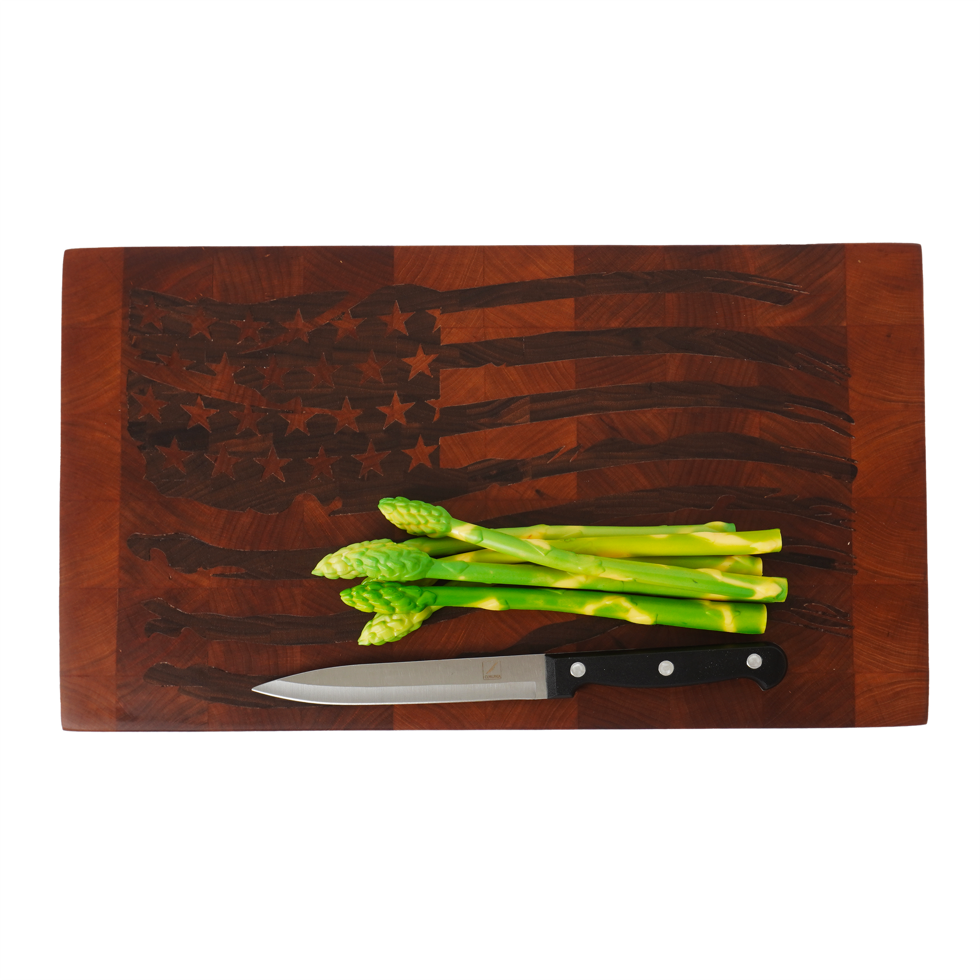 Tattered Glory Sovereign end grain cutting board top down with asparagus and knife, Hard Rock Maple and Black Walnut American flag inlay board