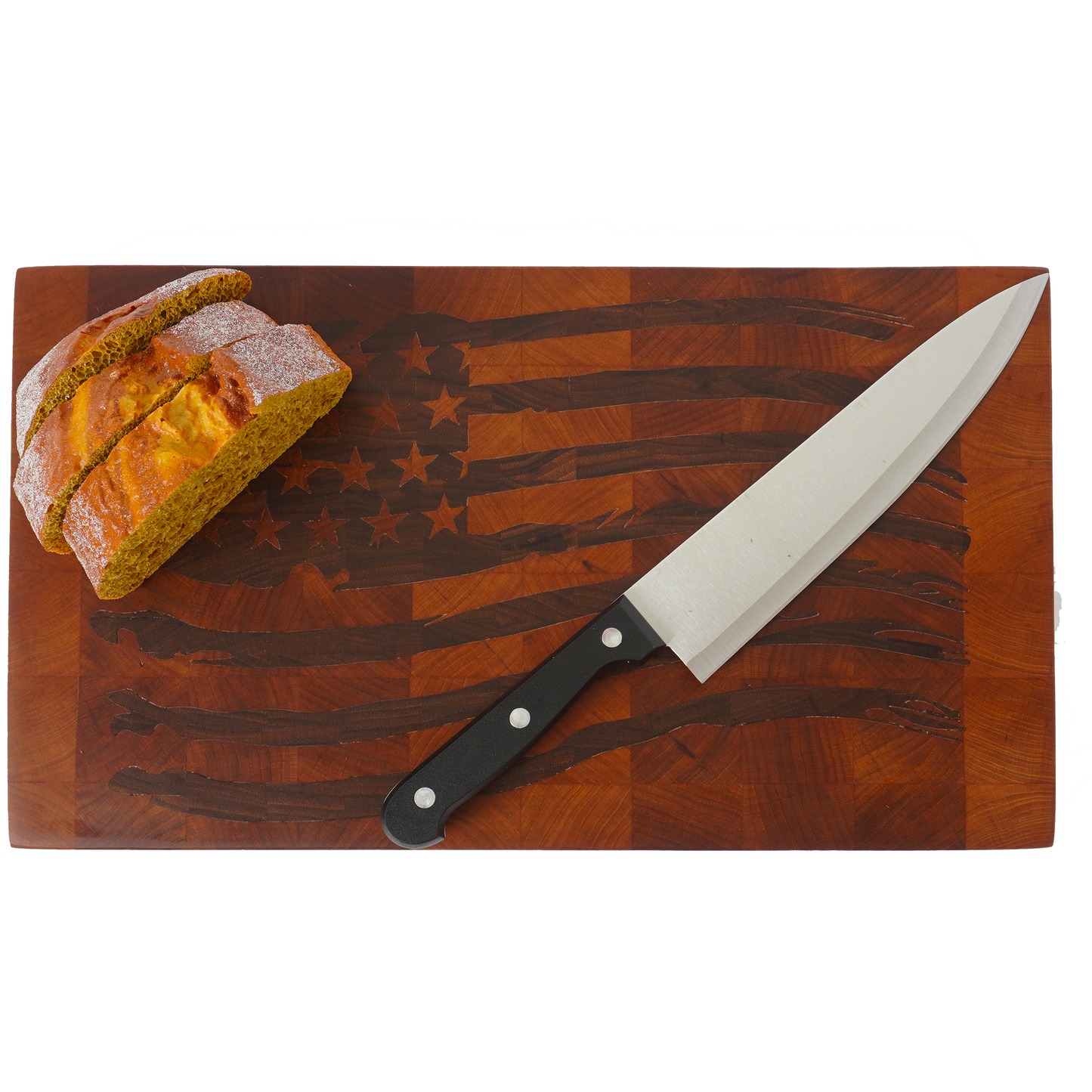 Tattered Glory Sovereign end grain cutting board top down with sliced bread and knife, American flag walnut inlay maple board 20x15
