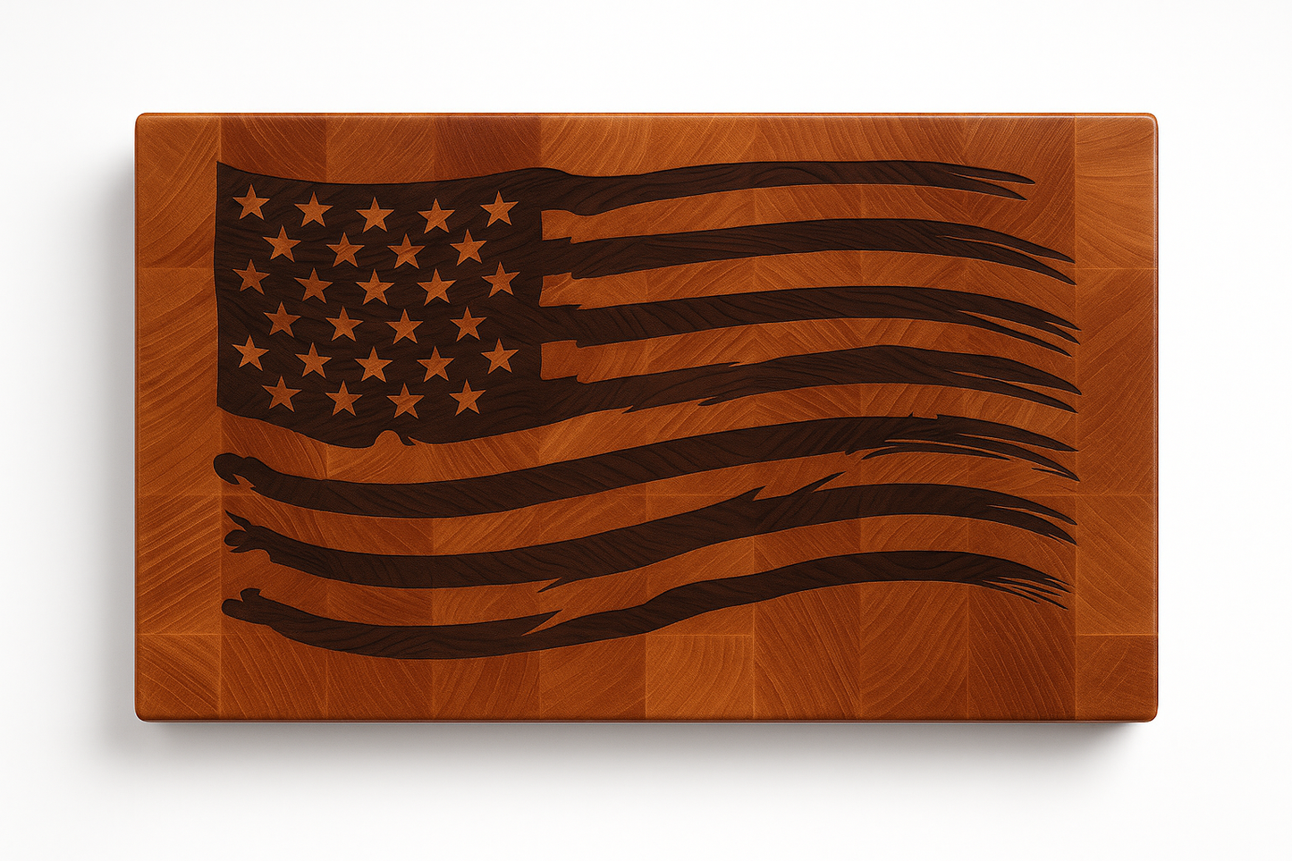 Tattered Glory Sovereign end grain cutting board top down view, Hard Rock Maple with Black Walnut tattered American flag inlay, 20x15 inch