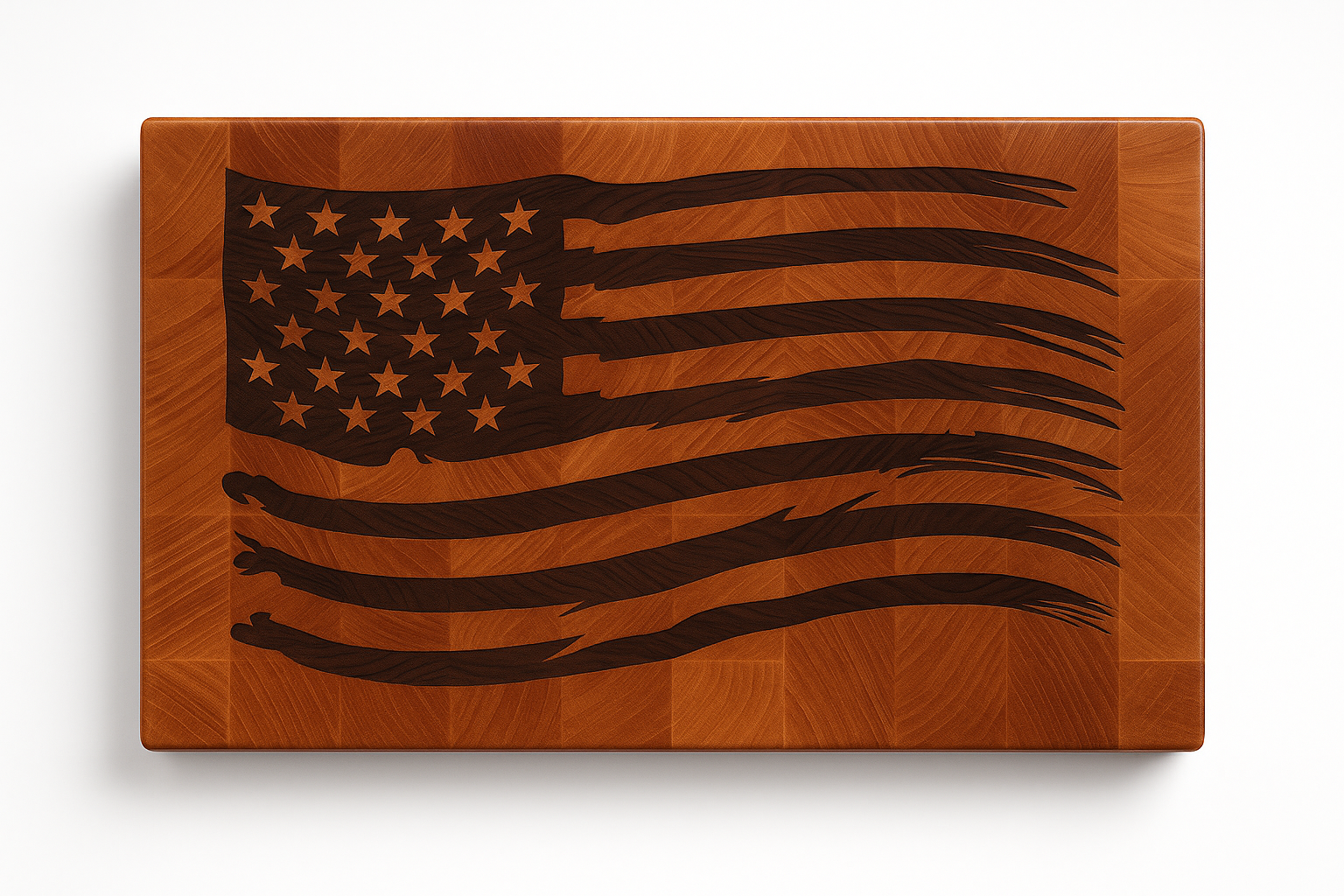 Tattered Glory Sovereign end grain cutting board top down view, Hard Rock Maple with Black Walnut tattered American flag inlay, 20x15 inch